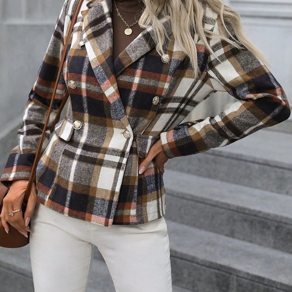 Tan Casual Plaid Print Double Breasted Blazer - Picture 3 of 6